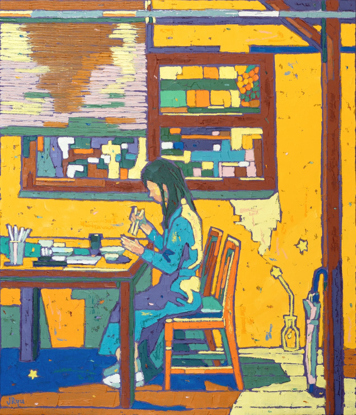 비오는 날 저녁식사
《J Ryu》

Oil &#038;amp; Acrylic on canvas
53.0x45.5cm
2024