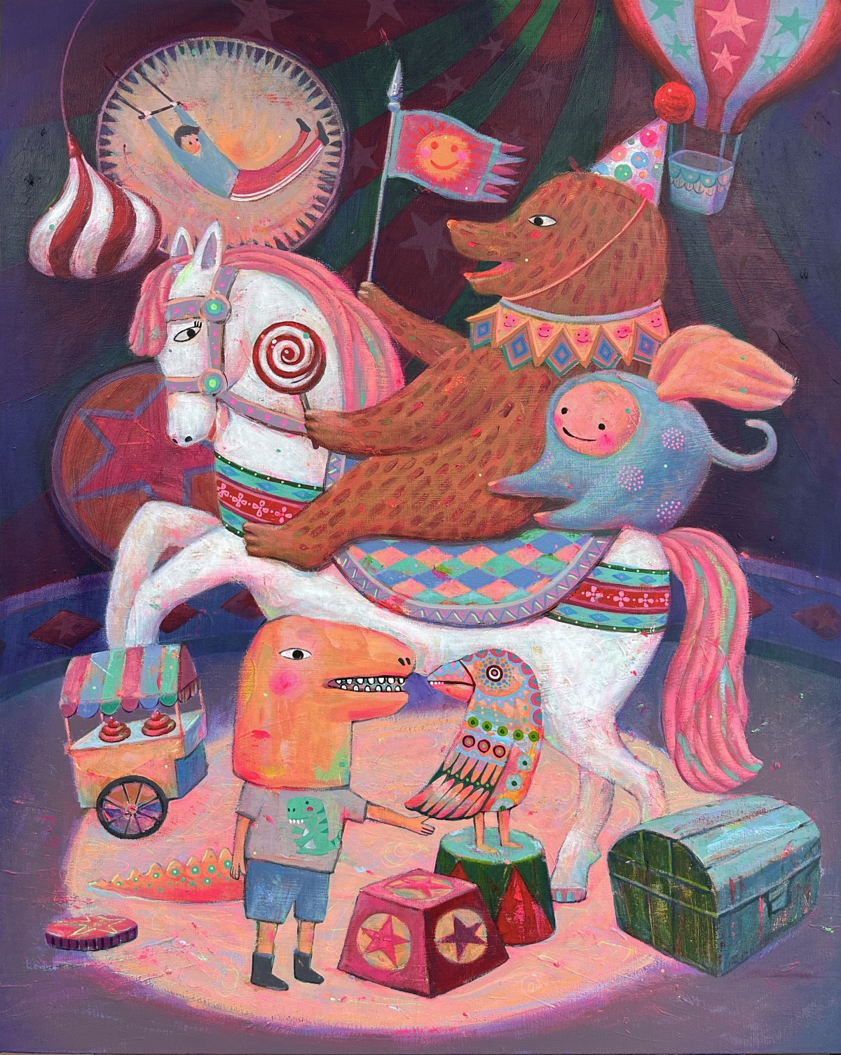 \&#034;호피무늬 곰에 대해 이야기하는 티라노사우러스와 앵무새

Acrylic on canvas
90.9x72.7cm
2024\&#034;